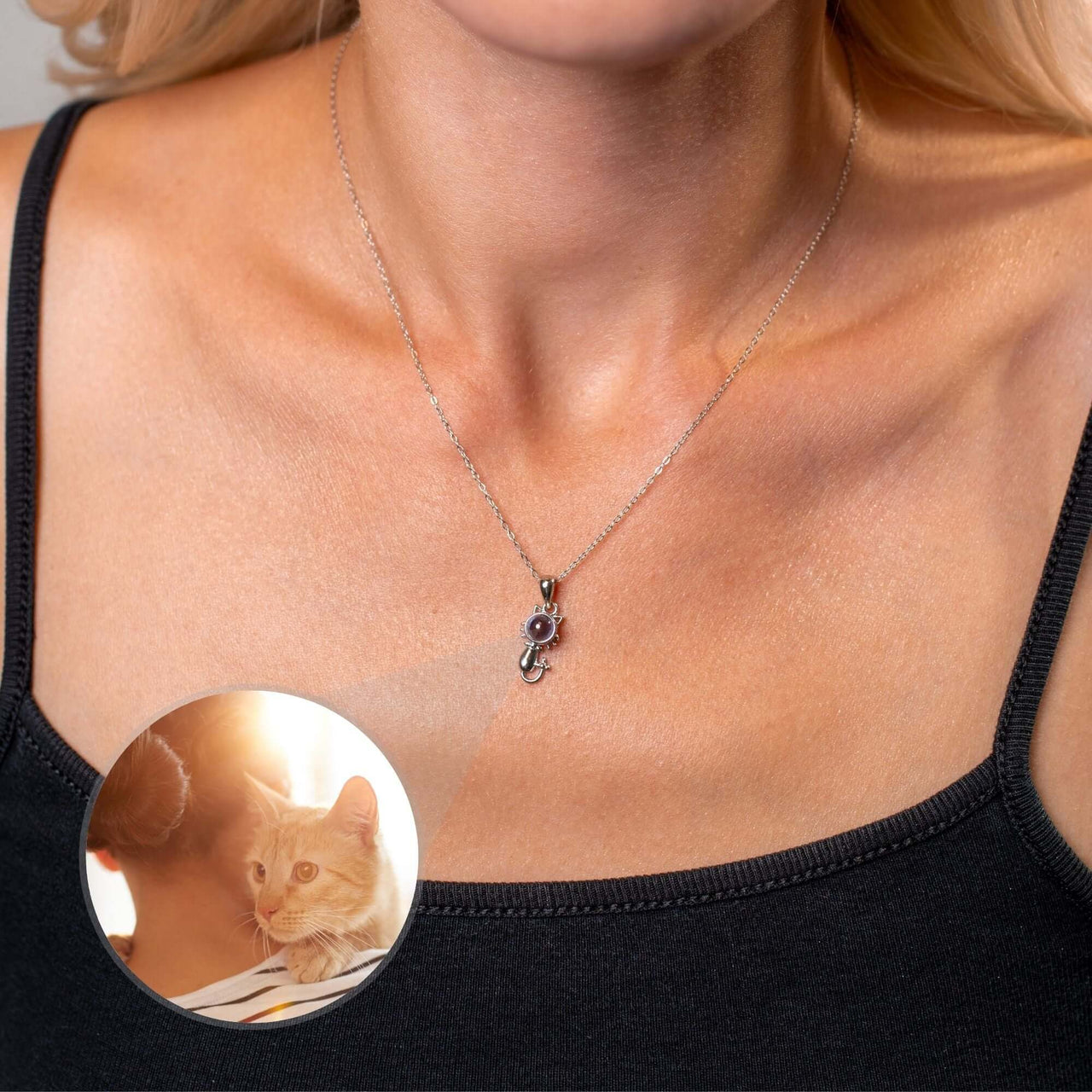 Woman wearing an Animal Photo Necklace showcasing a pendant with a cat image, designed by Brother & Sisters.