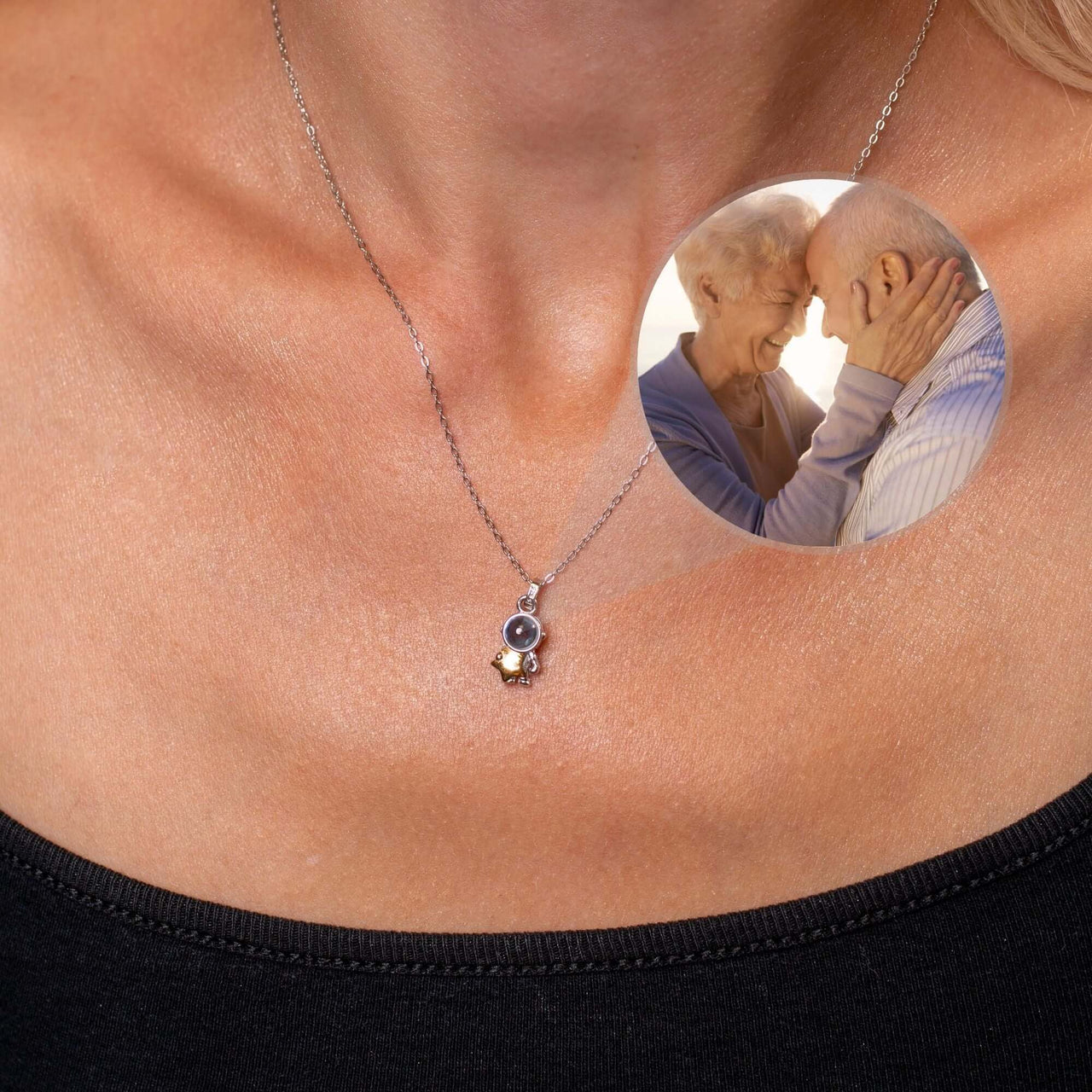 Astronaut Photo Necklace featuring a customizable pendant showcasing a couple's photo, by Brother & Sisters.