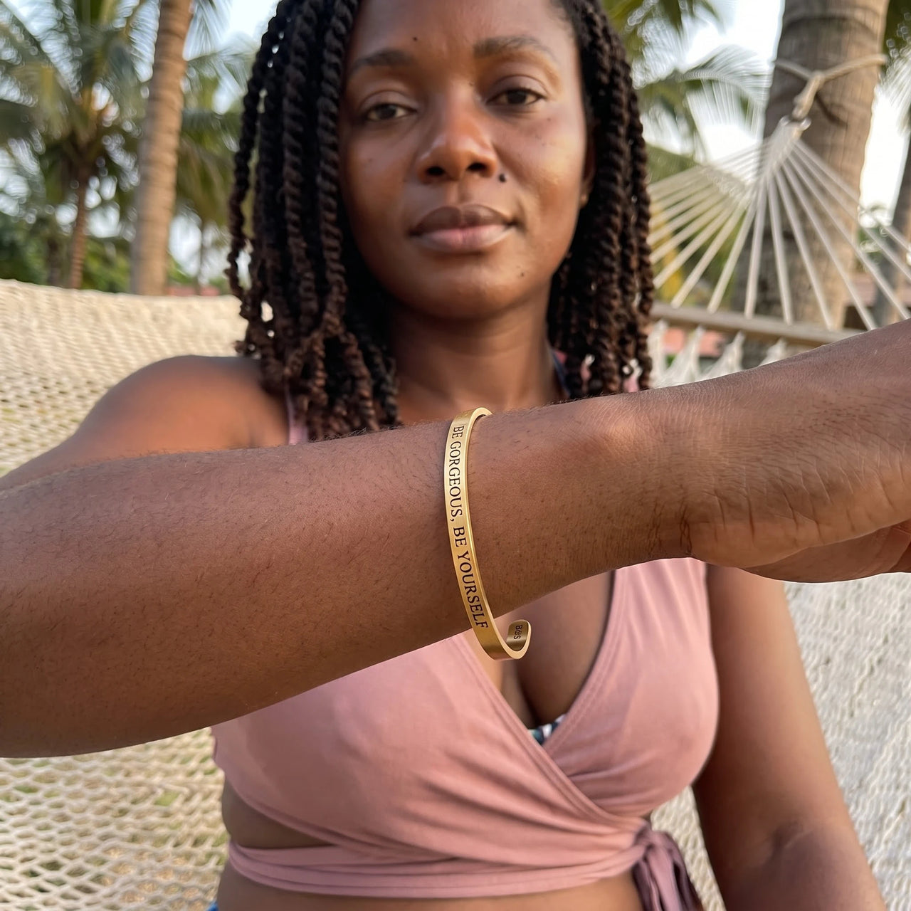 Be Gorgeous, Be Yourself bracelet in gold worn during a relaxed moment | SKU: bgby-g