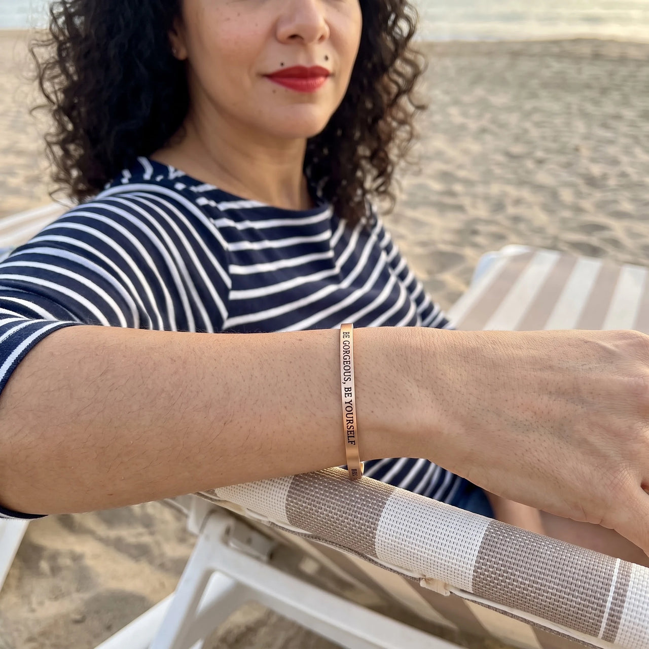 Be Gorgeous, Be Yourself bracelet in rose gold worn during a relaxed moment | SKU: bgby-rg