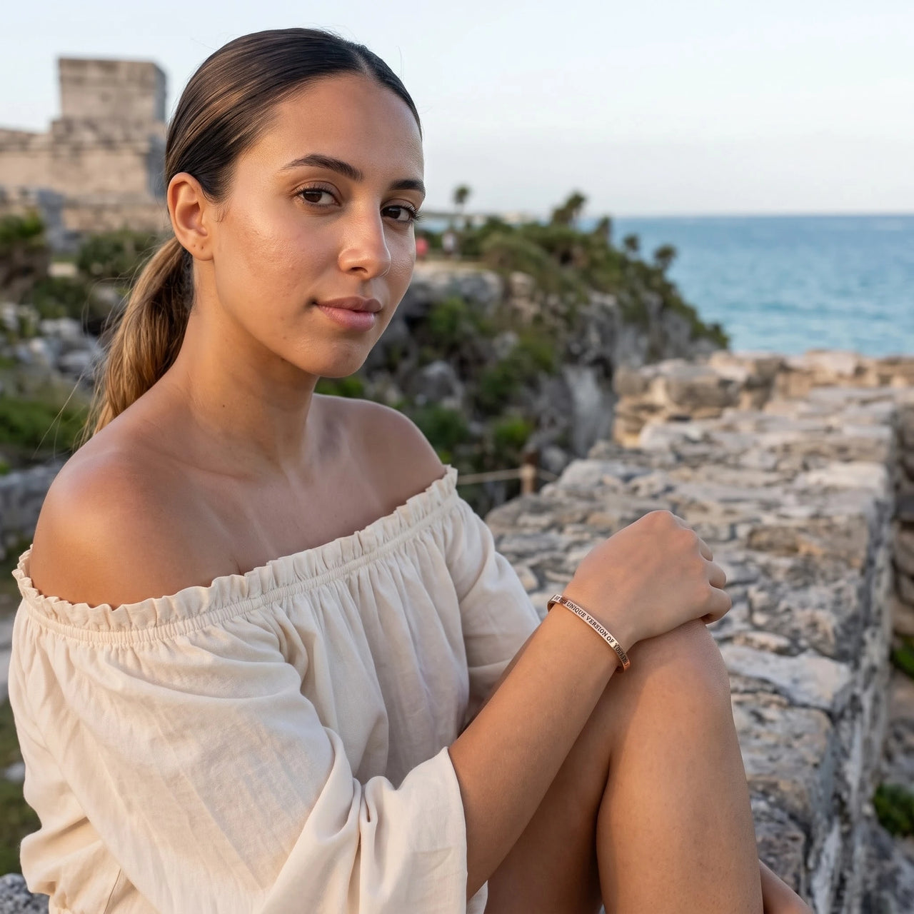 Be The Unique Version Of Yourself bracelet in rose gold worn on a getaway | SKU: btuvoy-rg