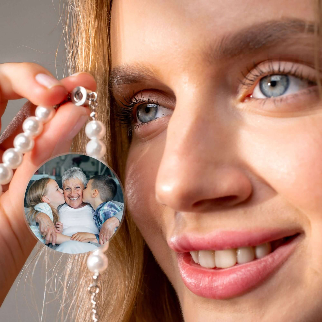 Beaded Photo Bracelet showcasing a custom photo charm and pearl chain by Brother & Sisters.