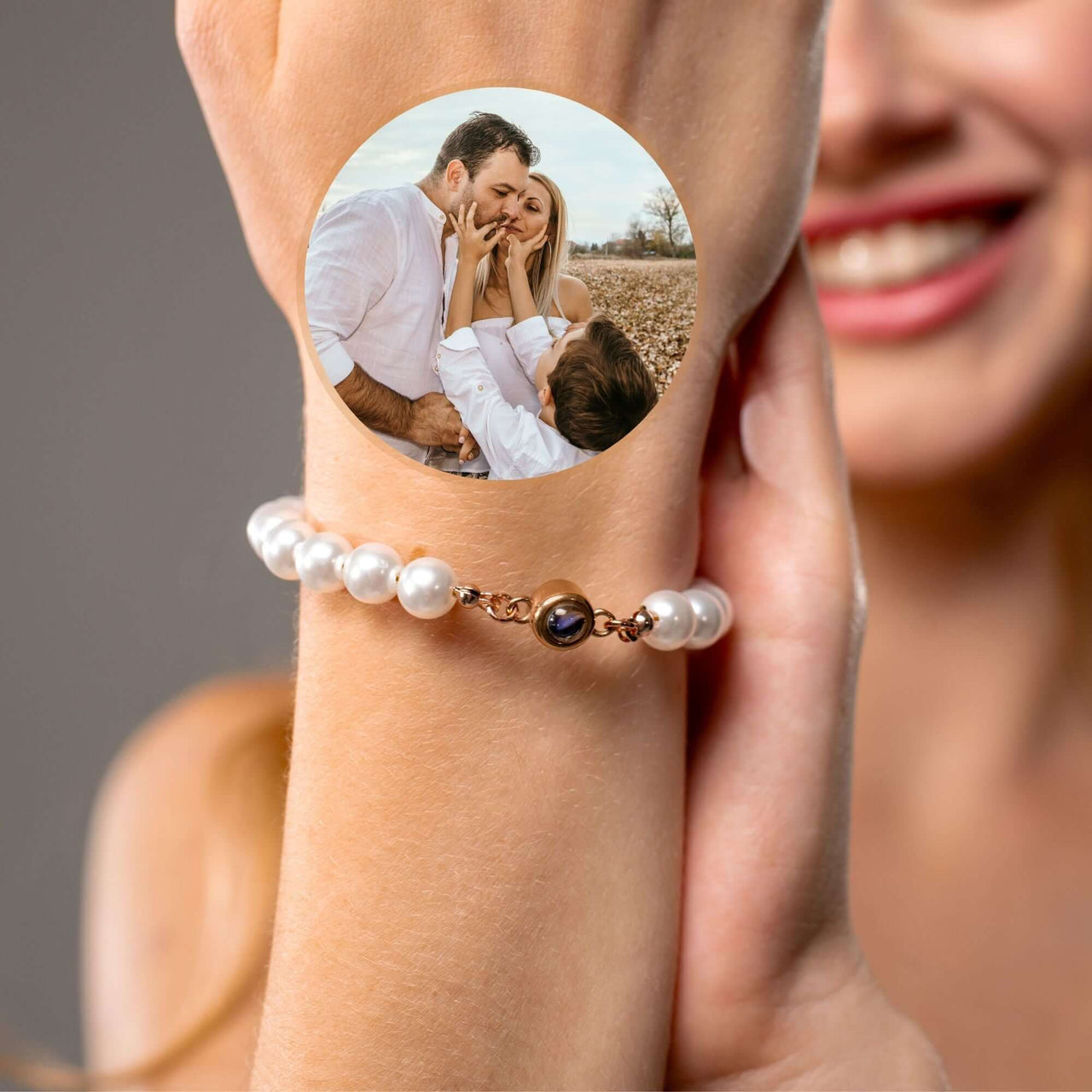 Beaded Photo Bracelet featuring a custom photo charm and pearl chain by Brother & Sisters.