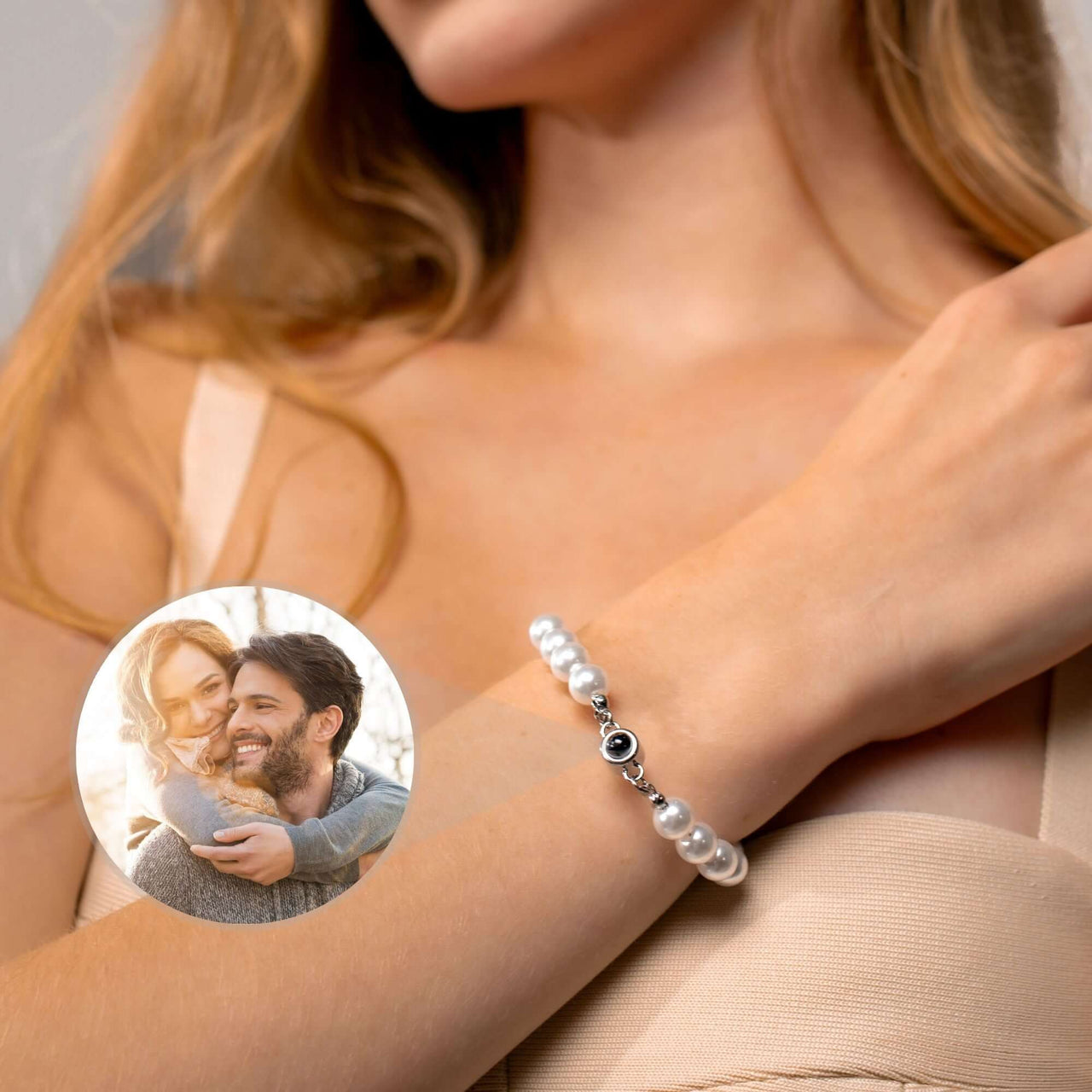 Beaded Photo Bracelet by Brother & Sisters featuring a pearl chain and custom photo charm celebrating memories.
