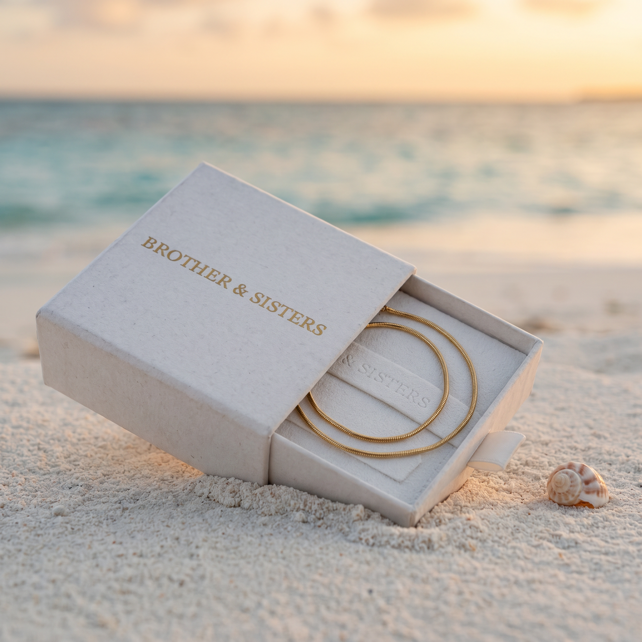 Dainty Snake Anklet in Brother & Sisters gift box on beach