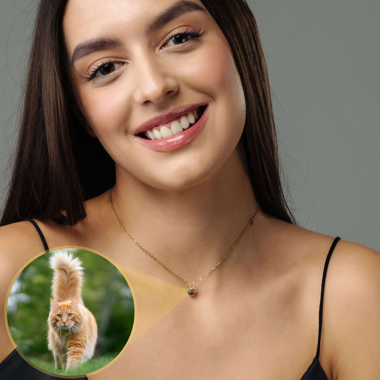 Cat Photo Necklace showcasing a personalized pendant with a cat image, worn by a woman from Brother & Sisters.