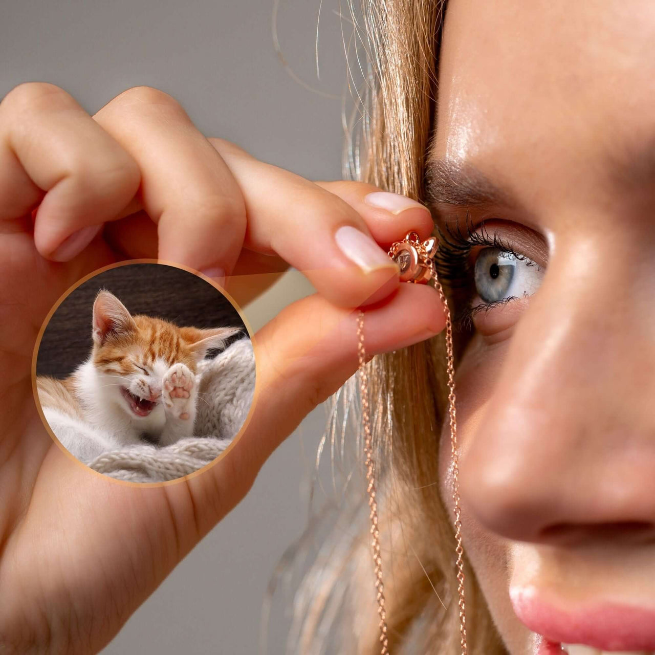 Cat Photo Necklace featuring custom cat image projection by Brother & Sisters, keeping your cat's memory close.
