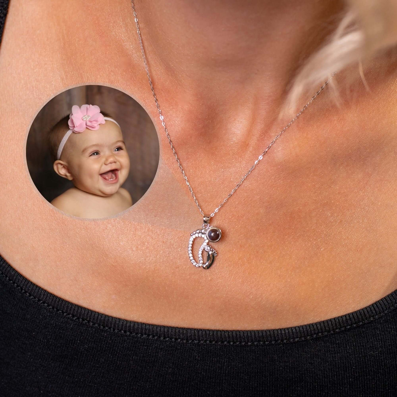 Child Photo Necklace featuring a customizable pendant with a child’s photo and sparkling accents by Brother & Sisters.