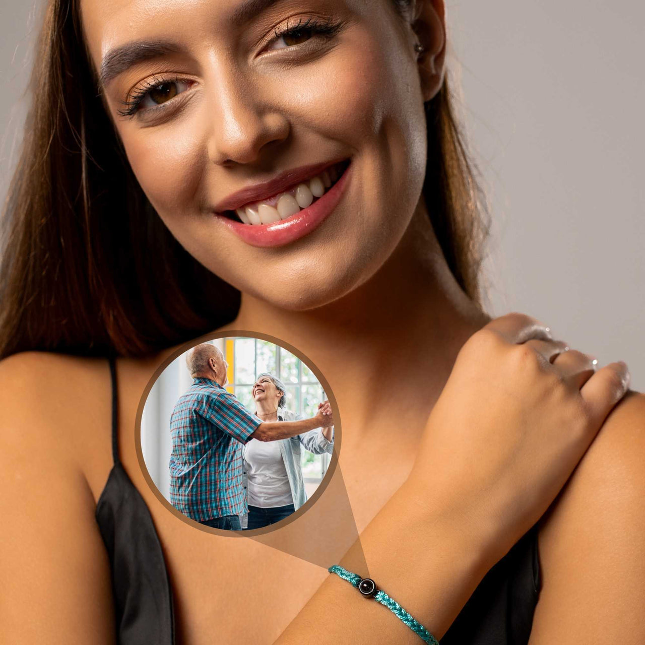 Blue Photo Bracelet worn by a woman, featuring a personalized photo pendant highlighting cherished memories. Brother & Sisters.