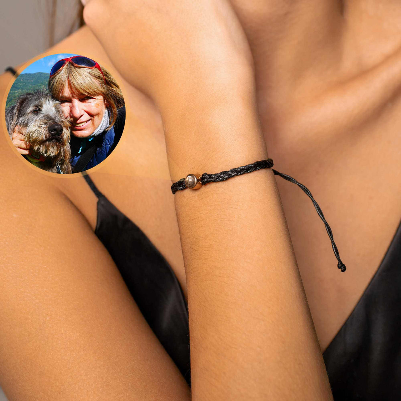 Black Photo Bracelet showcasing a personalized pendant and braided design by Brother & Sisters.