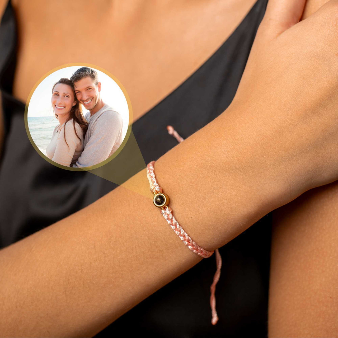 Pink Photo Bracelet featuring a personalized circular pendant, showcasing cherished memories by Brother & Sisters.