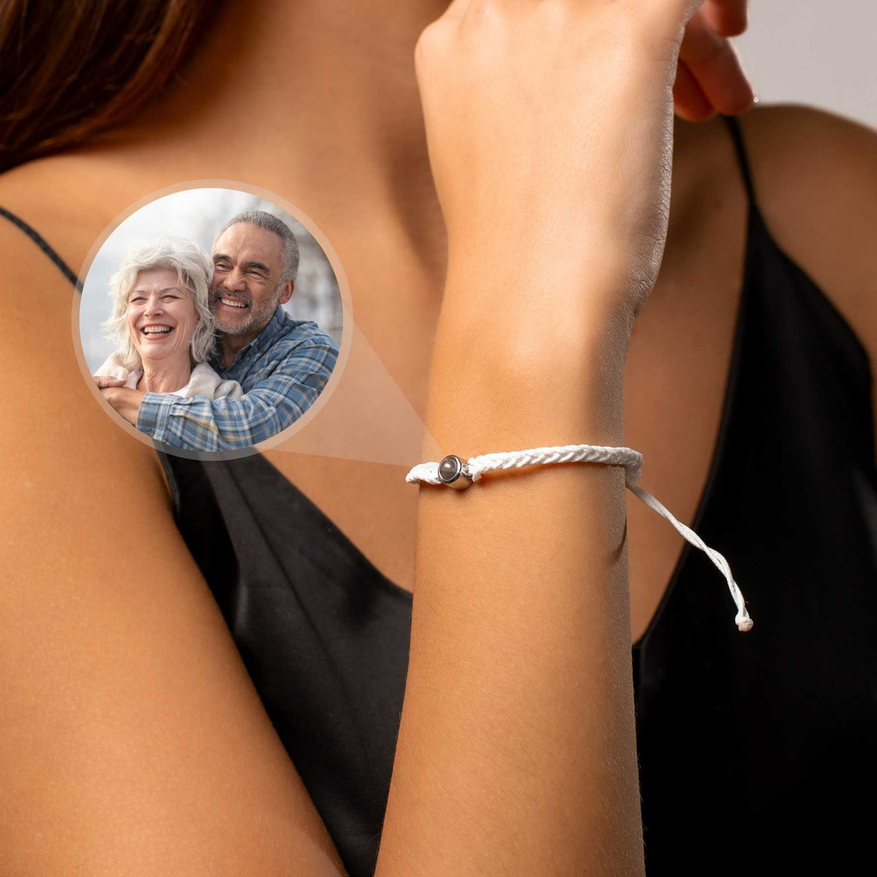 White Photo Bracelet featuring a personalized pendant with a cherished photo by Brother & Sisters, perfect for sentimental gifting.