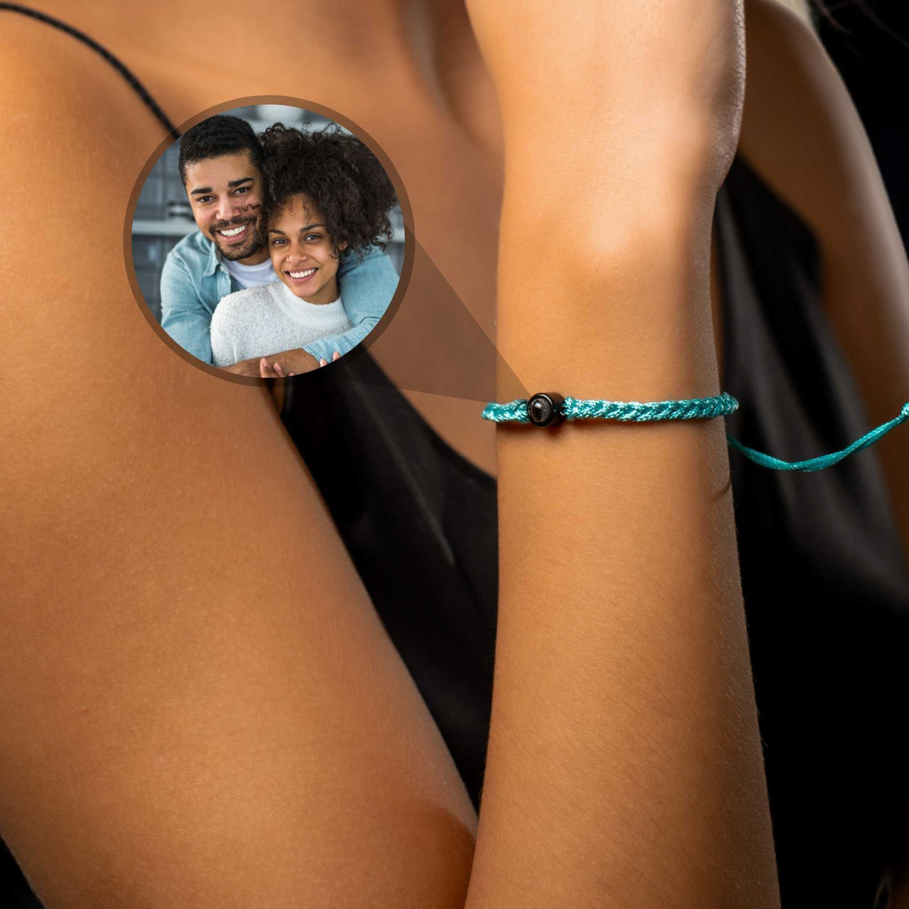 Blue Photo Bracelet featuring a personal photo pendant, designed by Brother & Sisters for cherished memories.