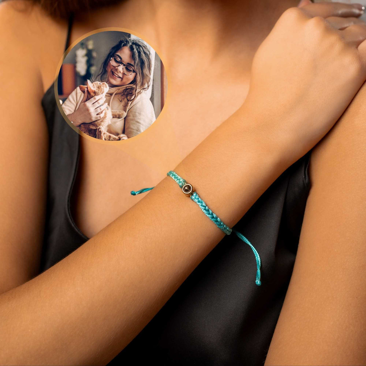 Blue Photo Bracelet featuring a circular pendant with a personal photo and elegant turquoise braid from Brother & Sisters.