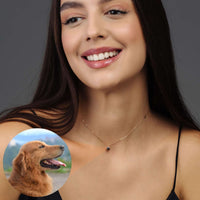 Thumbnail for Personalised Circle Necklace worn by a smiling woman, showcasing a hidden picture of a golden retriever inside the pendant.
