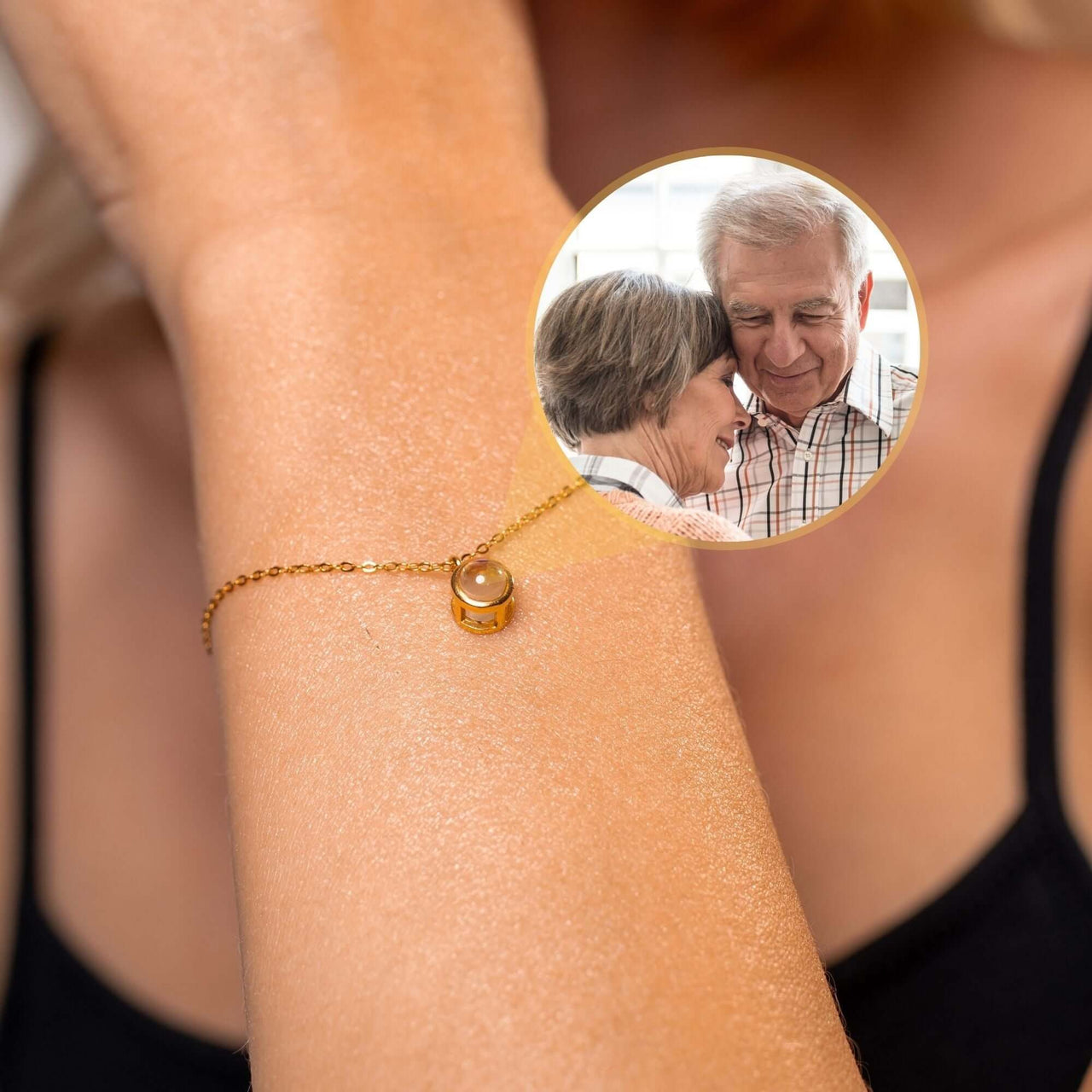 Circular Photo Bracelet by Brother & Sisters on a woman's wrist with a memorable photo charm.