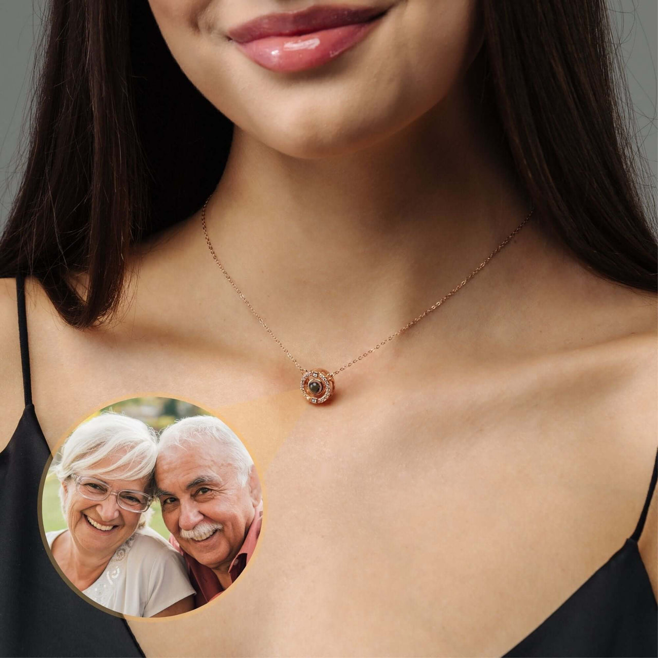 Circular Photo Necklace worn by a woman, showcasing personalized photo projection feature by Brother & Sisters.