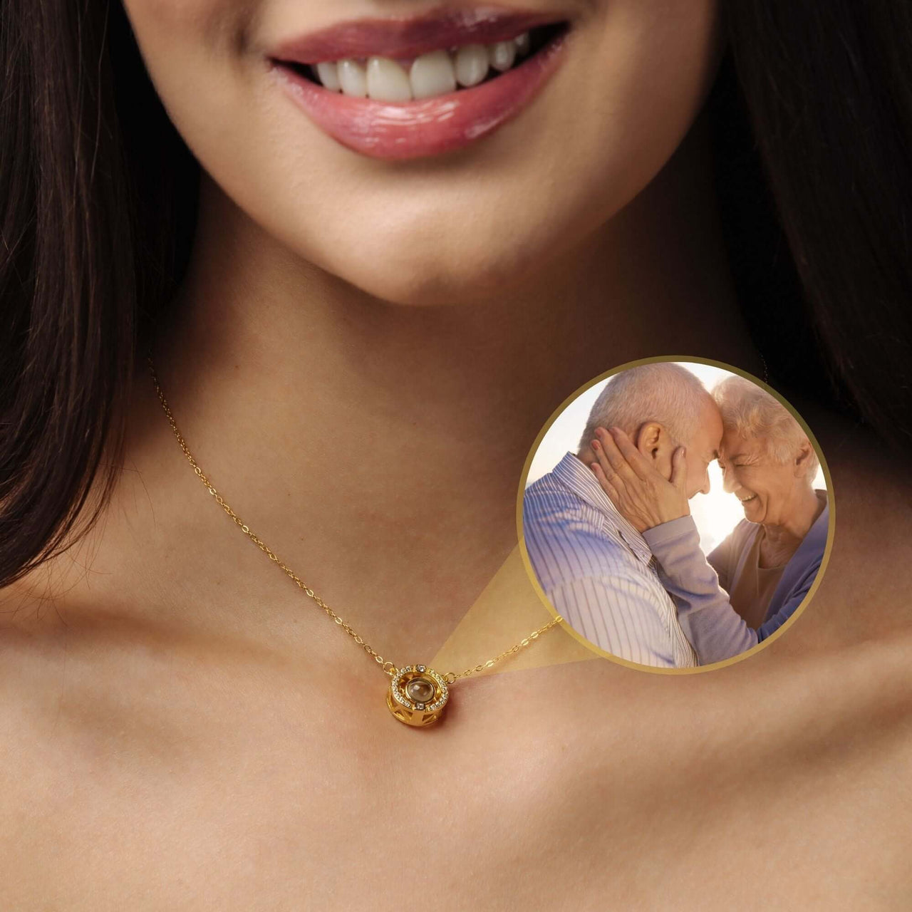 Circular Photo Necklace worn by a woman with a hidden photo of a loved one in the pendant by Brother & Sisters.