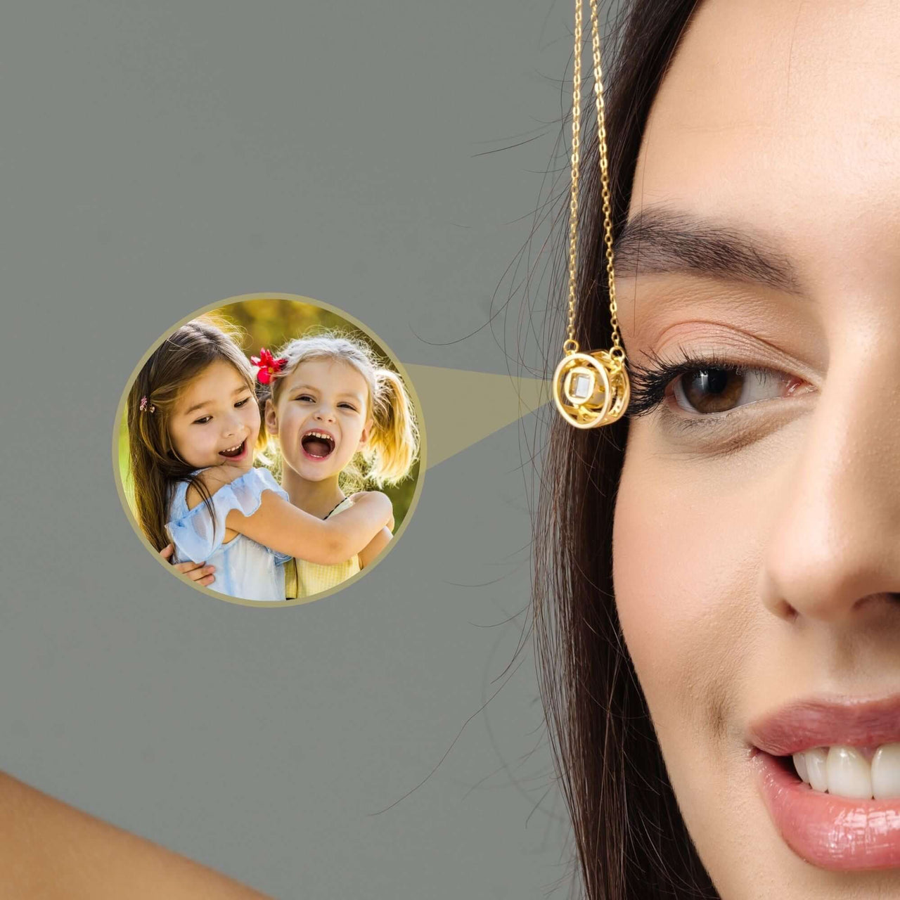 Circular Photo Necklace featuring a custom photo projection, model showcasing the necklace with kids' picture.