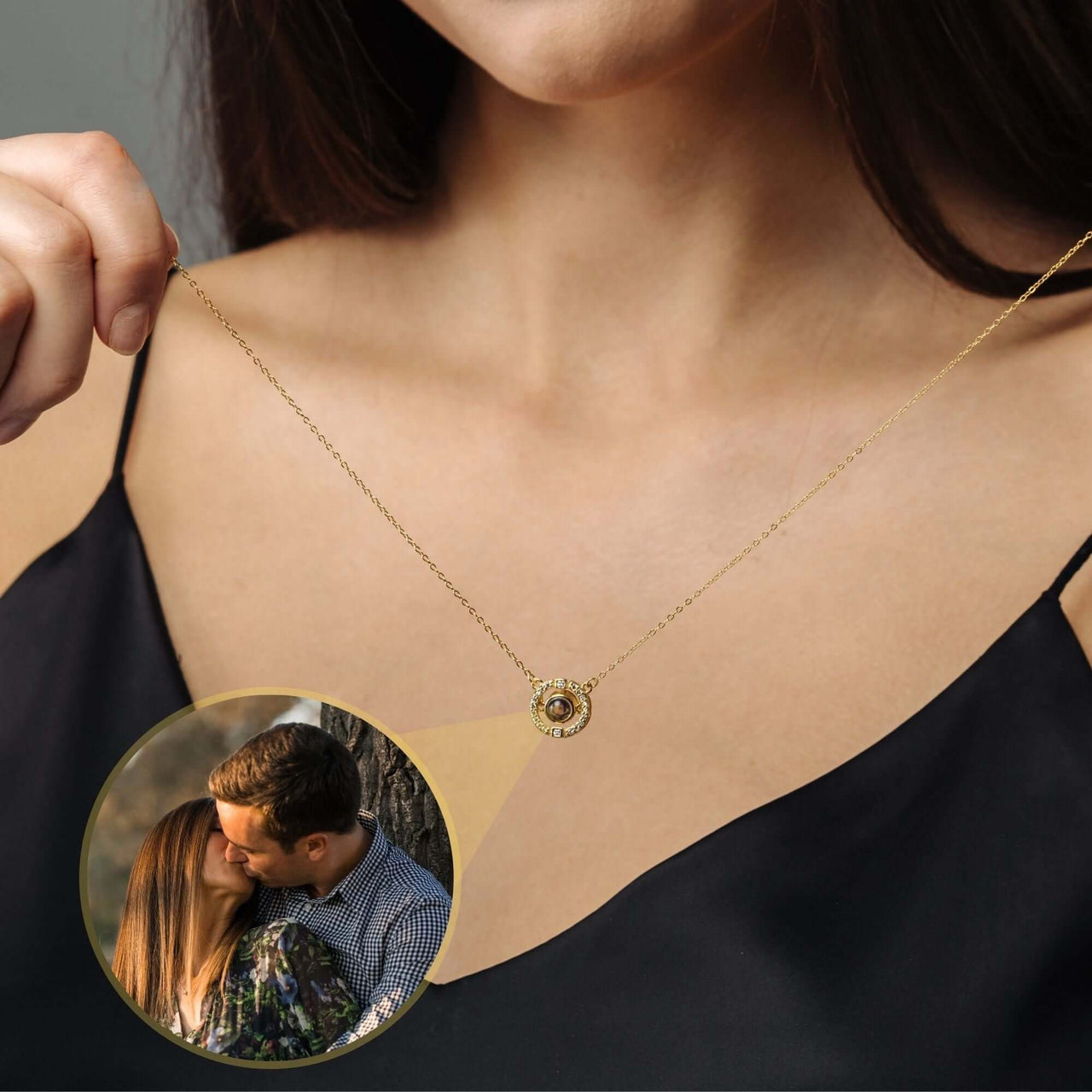 Circular Photo Necklace showcasing customizable photo projection from Brother & Sisters.