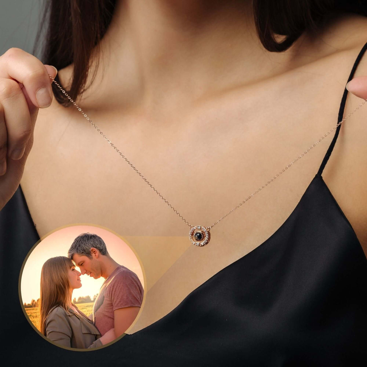 Circular Photo Necklace featuring a customizable photo projection by Brother & Sisters worn on a woman's neck.