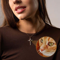 Thumbnail for Cross Photo Necklace worn by a woman, featuring a customizable photo projection and cat image detail.