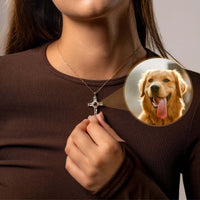 Thumbnail for Cross Photo Necklace featuring a personalized photo projection of a golden retriever, by Brother & Sisters.