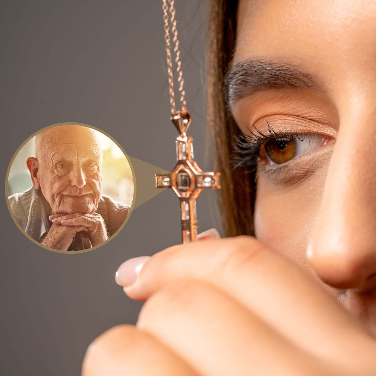 Cross Photo Necklace featuring a customizable photo projection, perfect for keeping memories close. By Brother & Sisters.