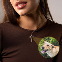Thumbnail for Cross Photo Necklace worn by a woman showcasing a personalized photo projection of a dog, by Brother & Sisters.