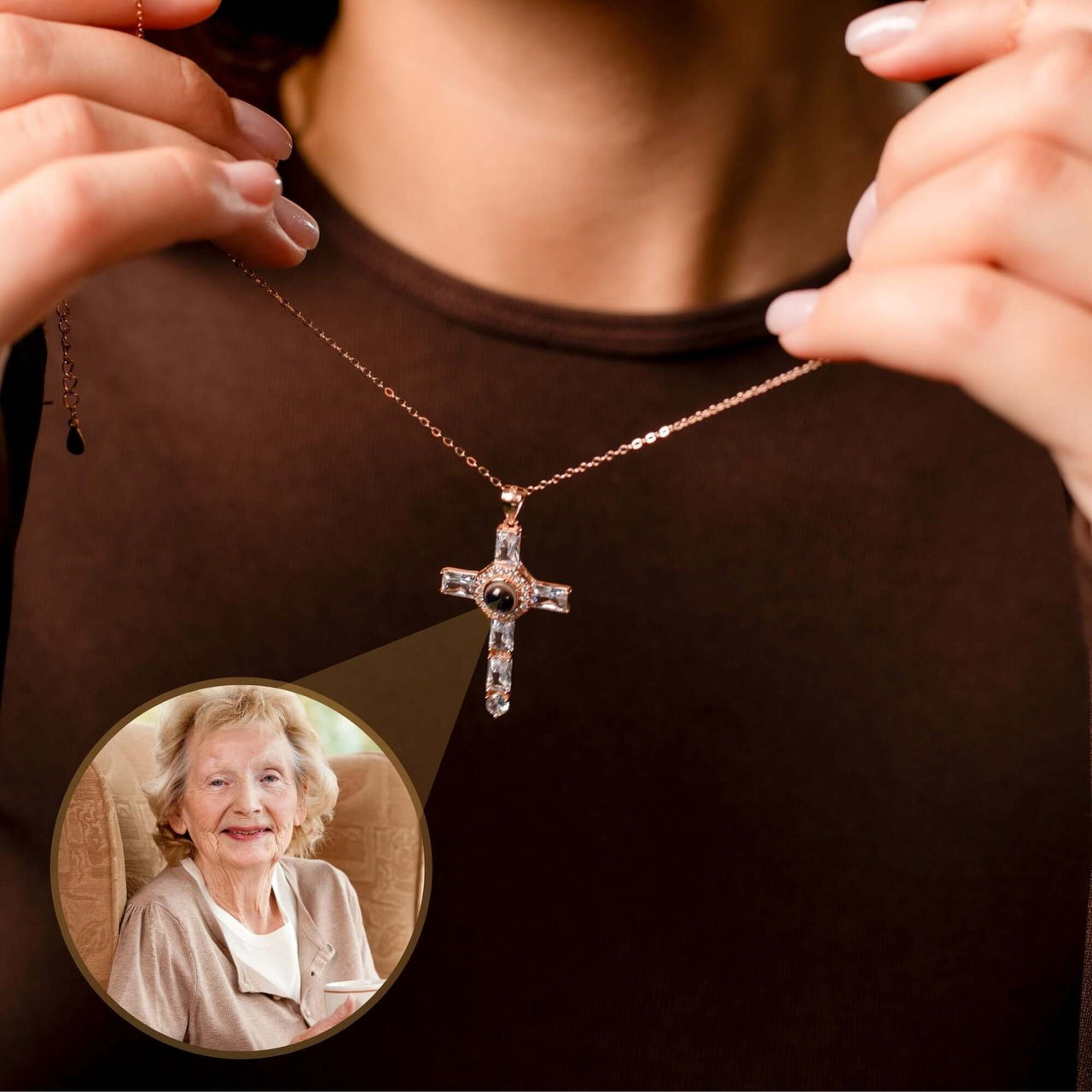 Cross Photo Necklace featuring a customizable photo projection, perfect gift by Brother & Sisters.