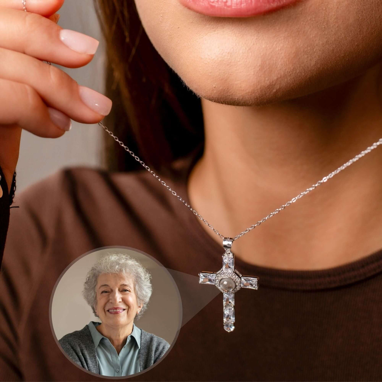 Close-up of a woman wearing a Cross Photo Necklace featuring a customizable photo projection by Brother & Sisters.