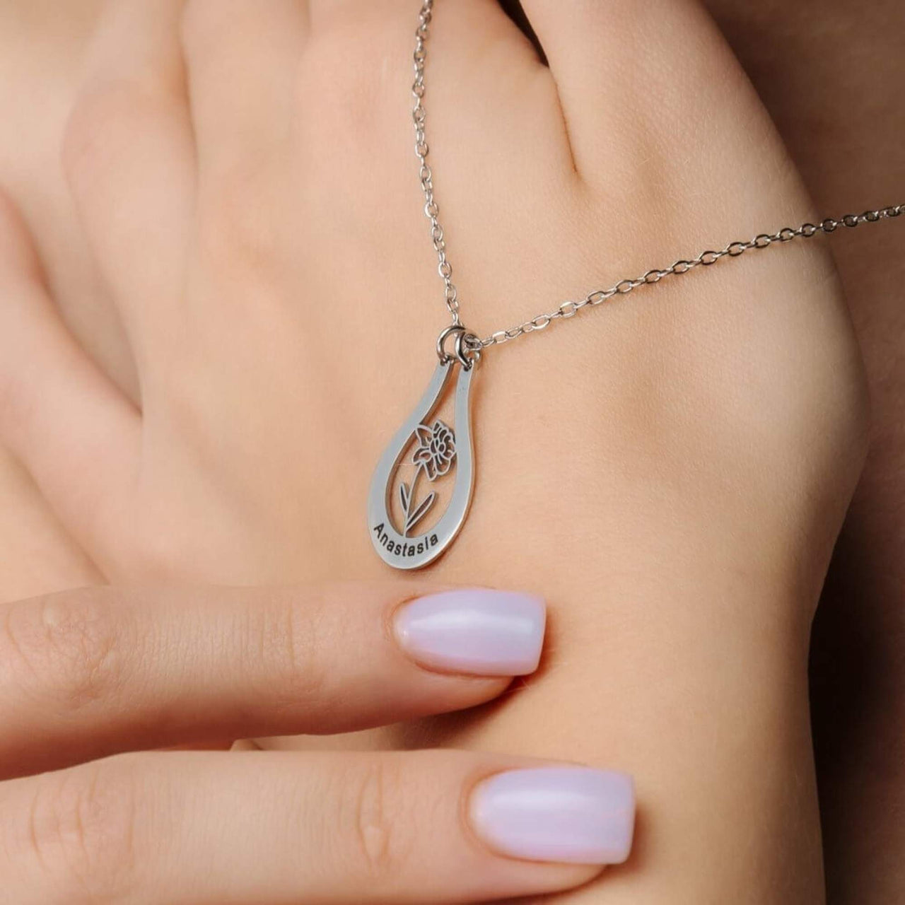 Birth Flower Name Necklace featuring a personalized pendant and birth flower design by Brother & Sisters.