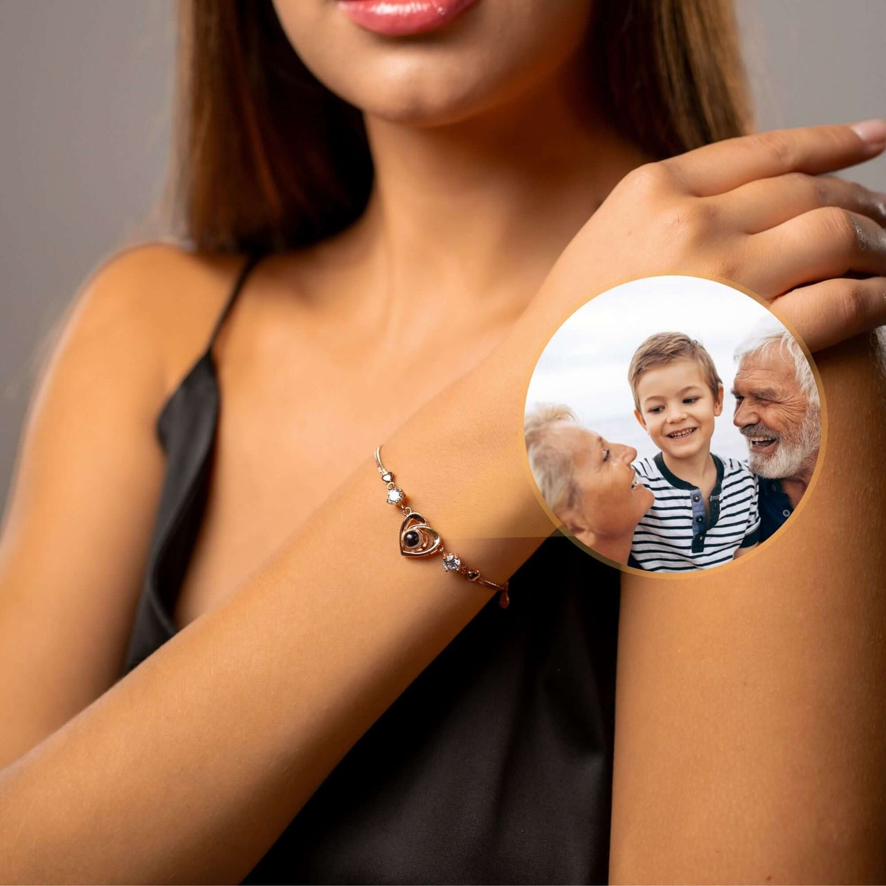 Diamond Photo Bracelet featuring a heart charm and a photo projection pendant by Brother & Sisters.
