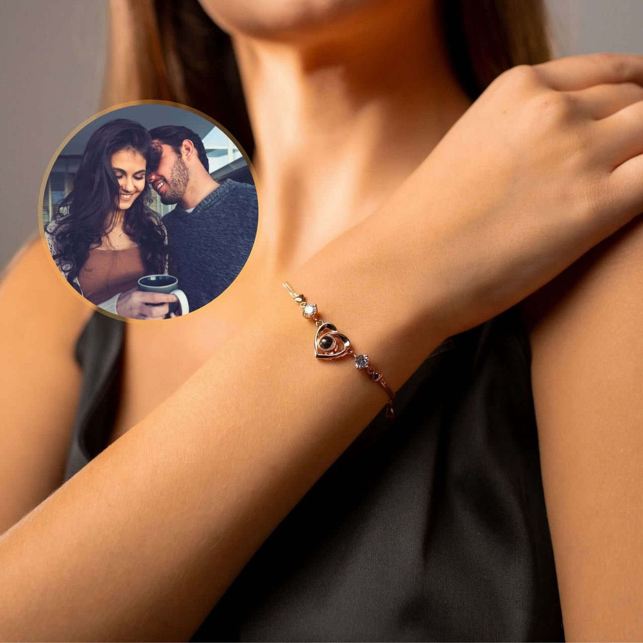 Diamond Photo Bracelet by Brother & Sisters showcasing a heart pendant with a cherished photo.