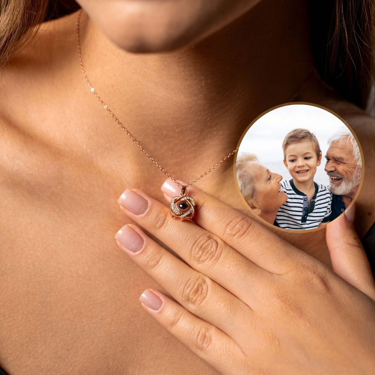 Double Heart Photo Necklace worn by a woman, showcasing a hidden photo projection feature by Brother & Sisters.
