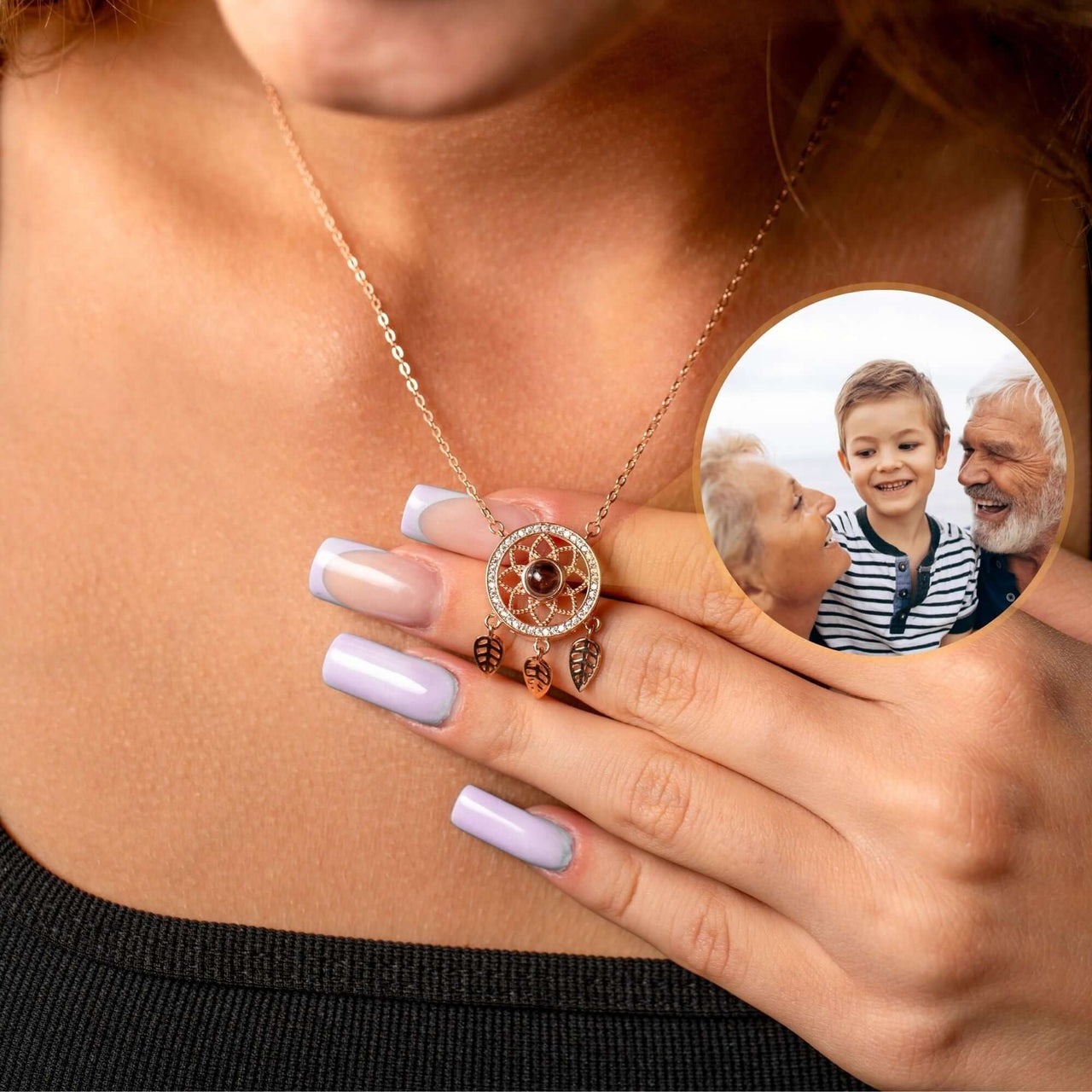 Dream Catcher Photo Necklace showcasing a personalized photo charm by Brother & Sisters, worn on a woman's neck.