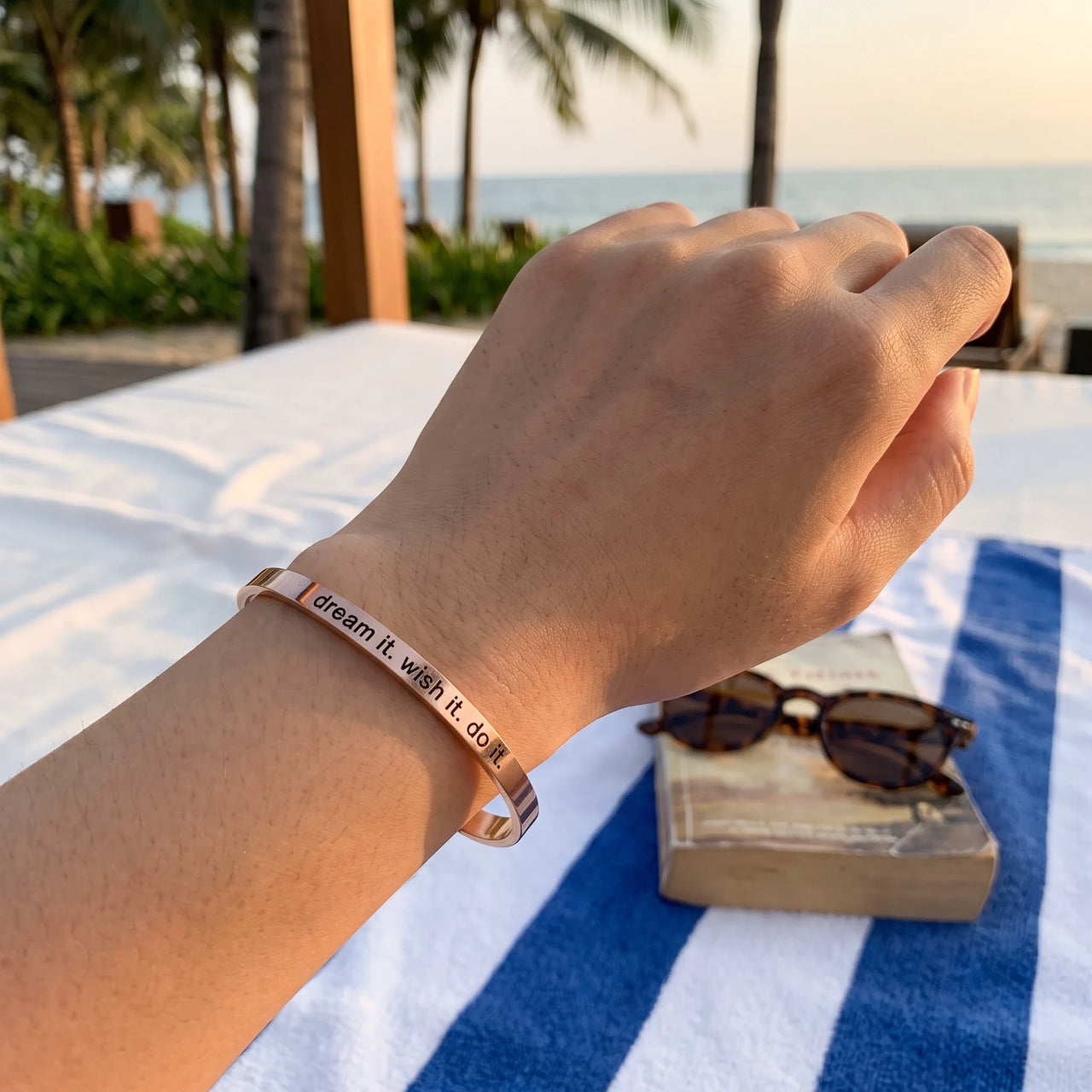 Rose gold engraved cuff bracelet worn, showing its real size | SKU: 4214557-imitation-rhodium-plated