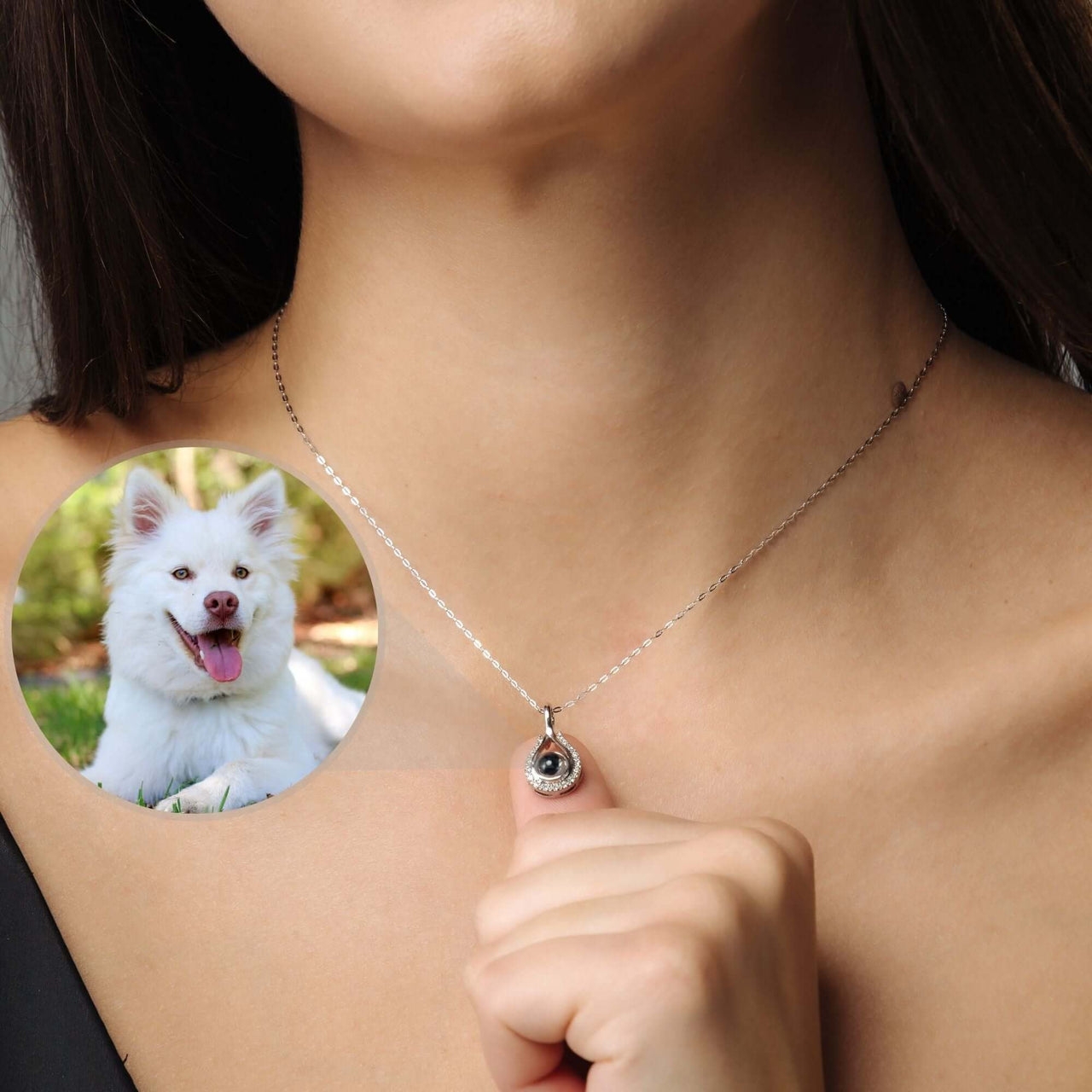 Drop Photo Necklace featuring a pendant with a photo of a smiling dog, crafted by Brother & Sisters.