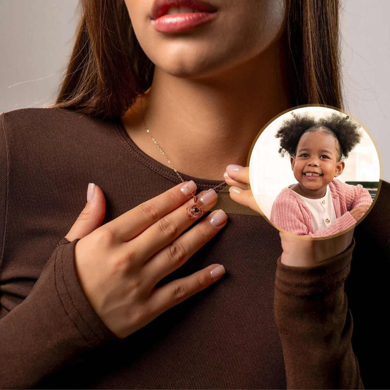 Duo Photo Necklace with a customizable pendant displaying a child's photo, by Brother & Sisters.