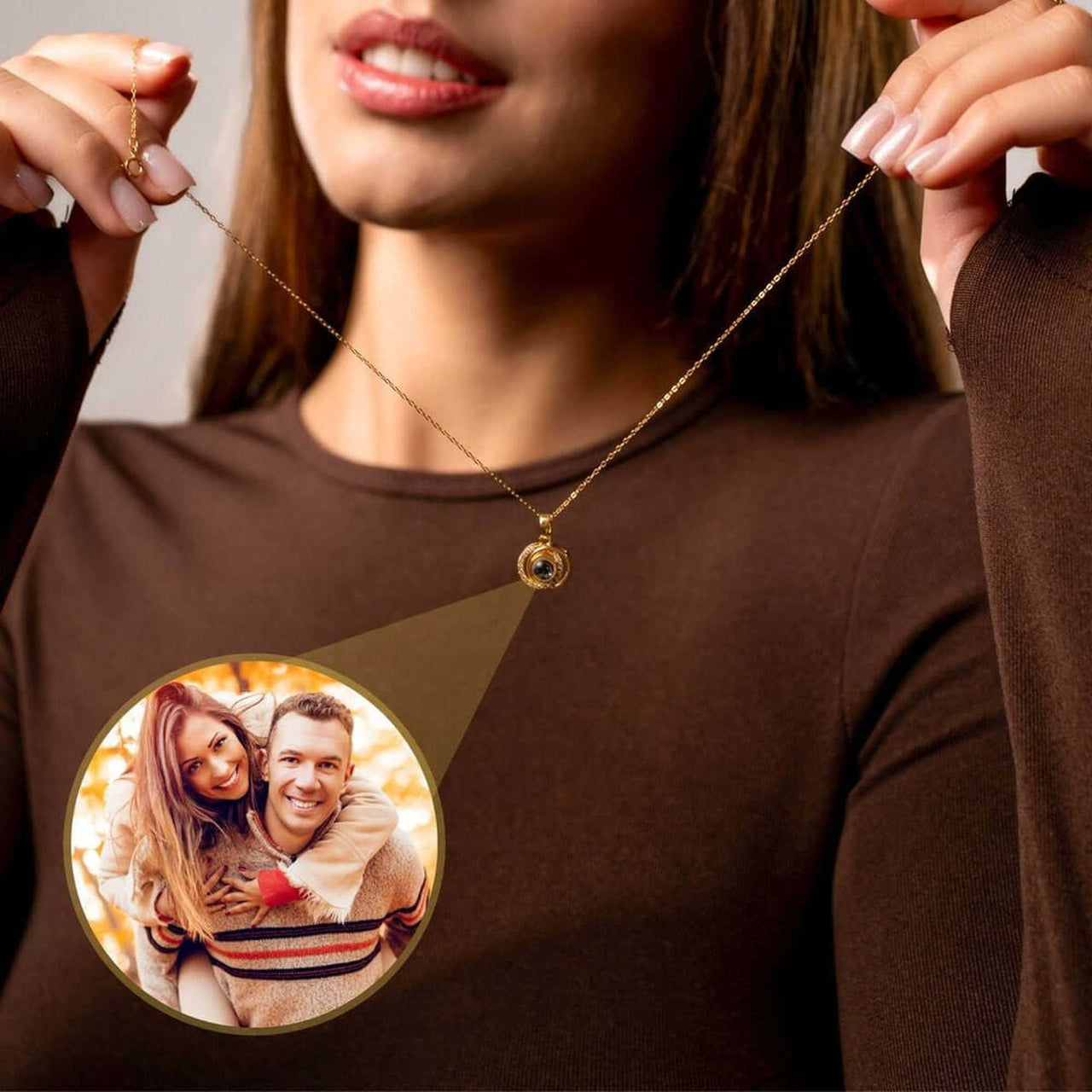 Duo Photo Necklace by Brother & Sisters featuring customizable photo pendant on display worn by a model.
