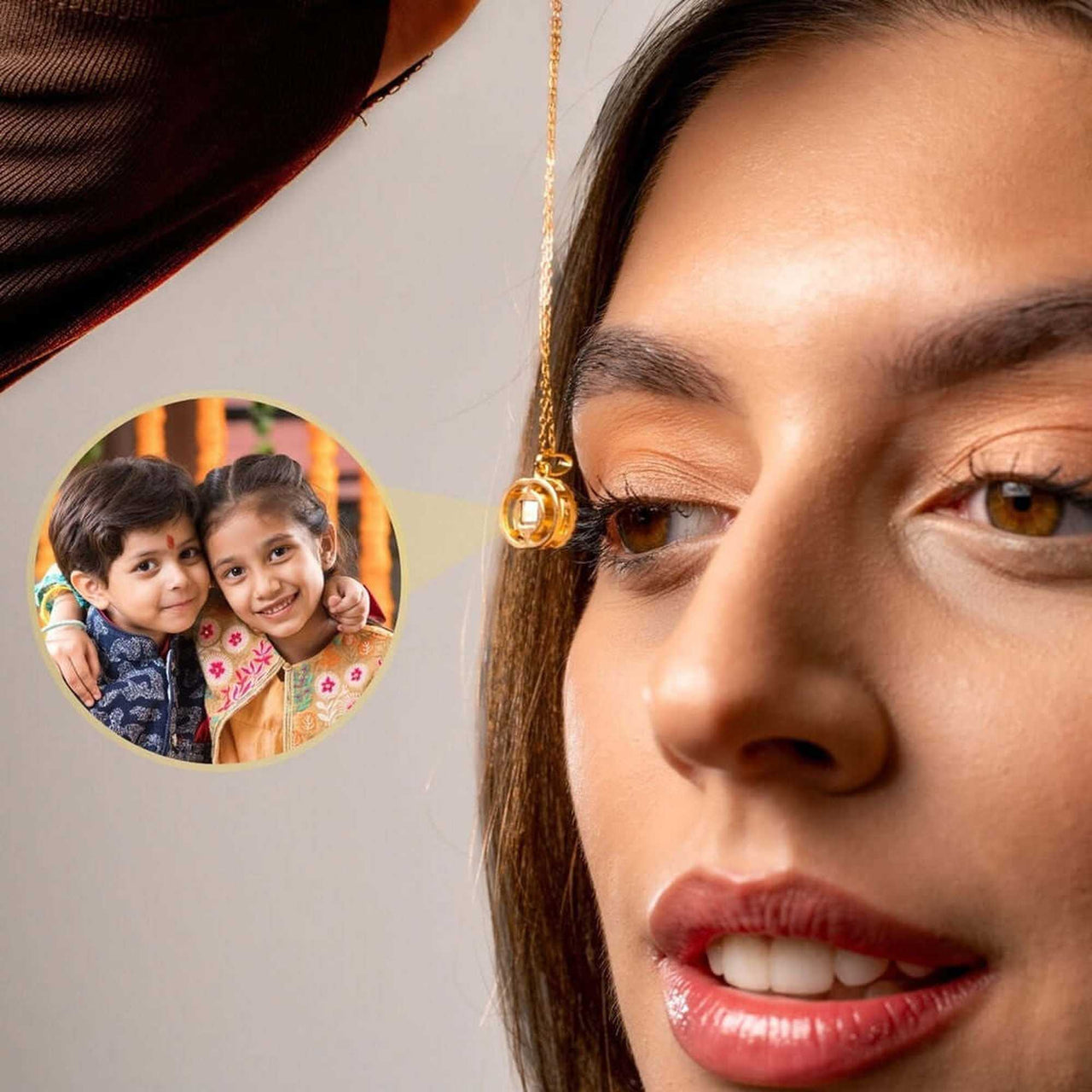 Close-up of a woman wearing a Duo Photo Necklace with a customizable projection pendant showing kids' photo, by Brother & Sisters.