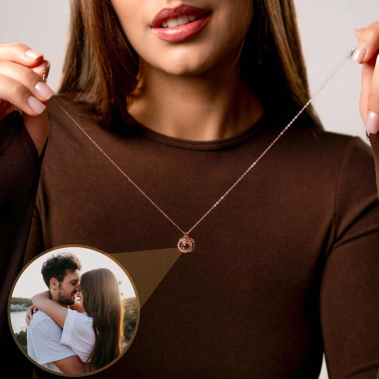 Duo Photo Necklace showcasing a customizable projection pendant with a couple's photo, by Brother & Sisters.