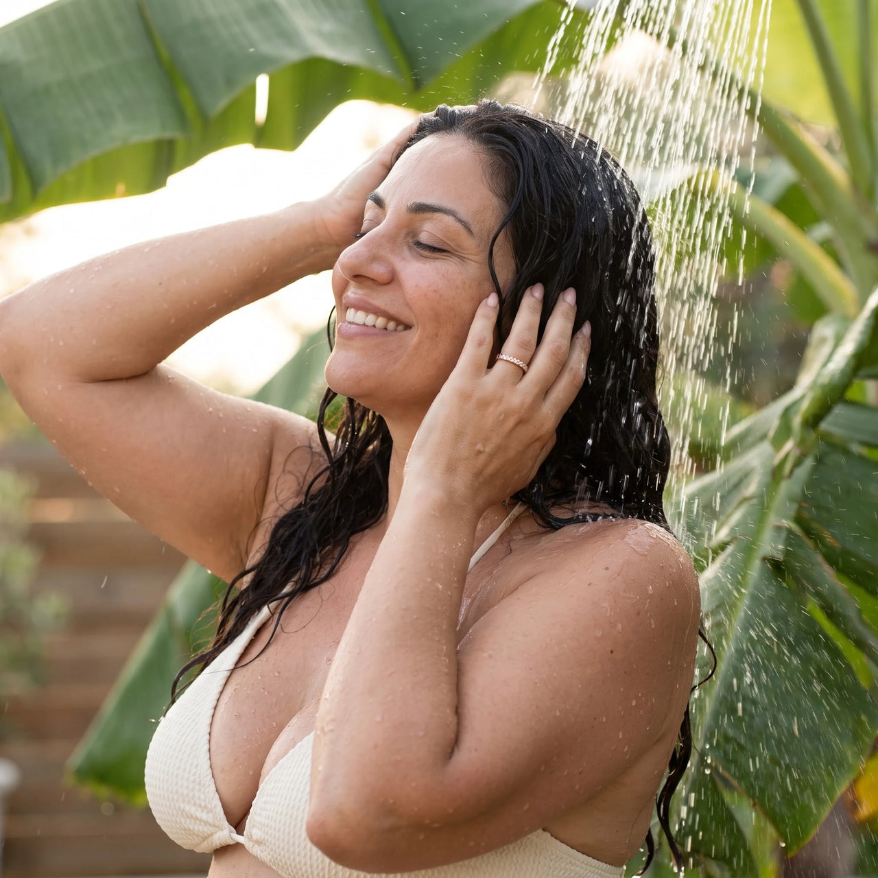 Engagement Ring & Crystals in rose gold worn in an outdoor shower | SKU: 25535394-6-rose-gold