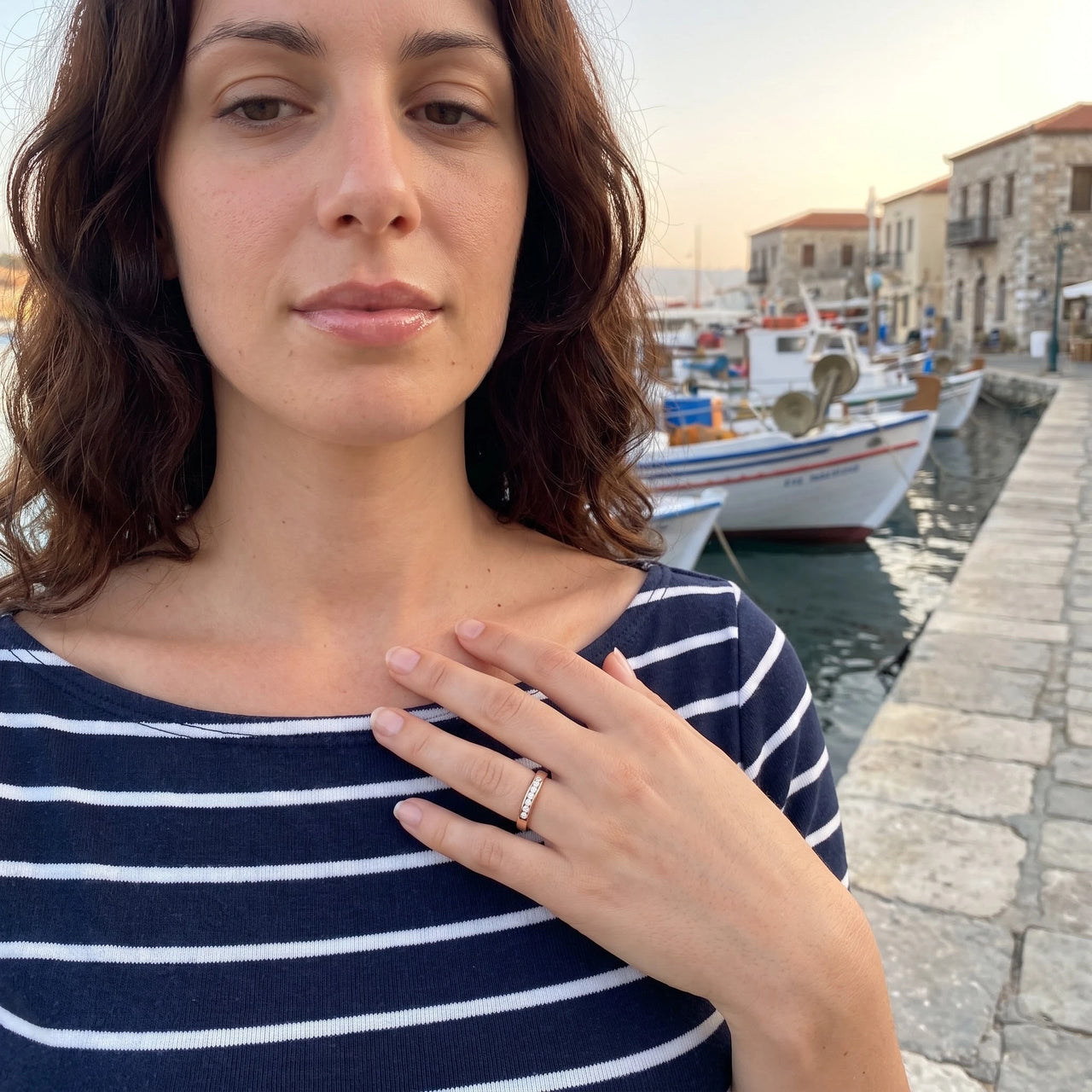 Woman gently touching her Engagement Ring & Crystals in rose gold | SKU: 25535394-6-rose-gold