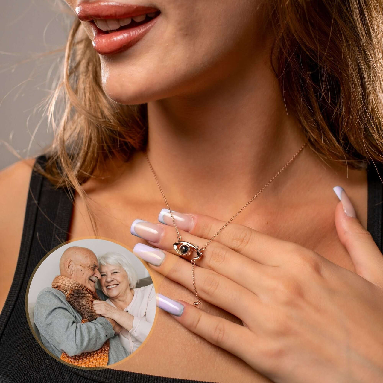 Eye Photo Necklace featuring a customizable photo projection in an eye-shaped pendant by Brother & Sisters.