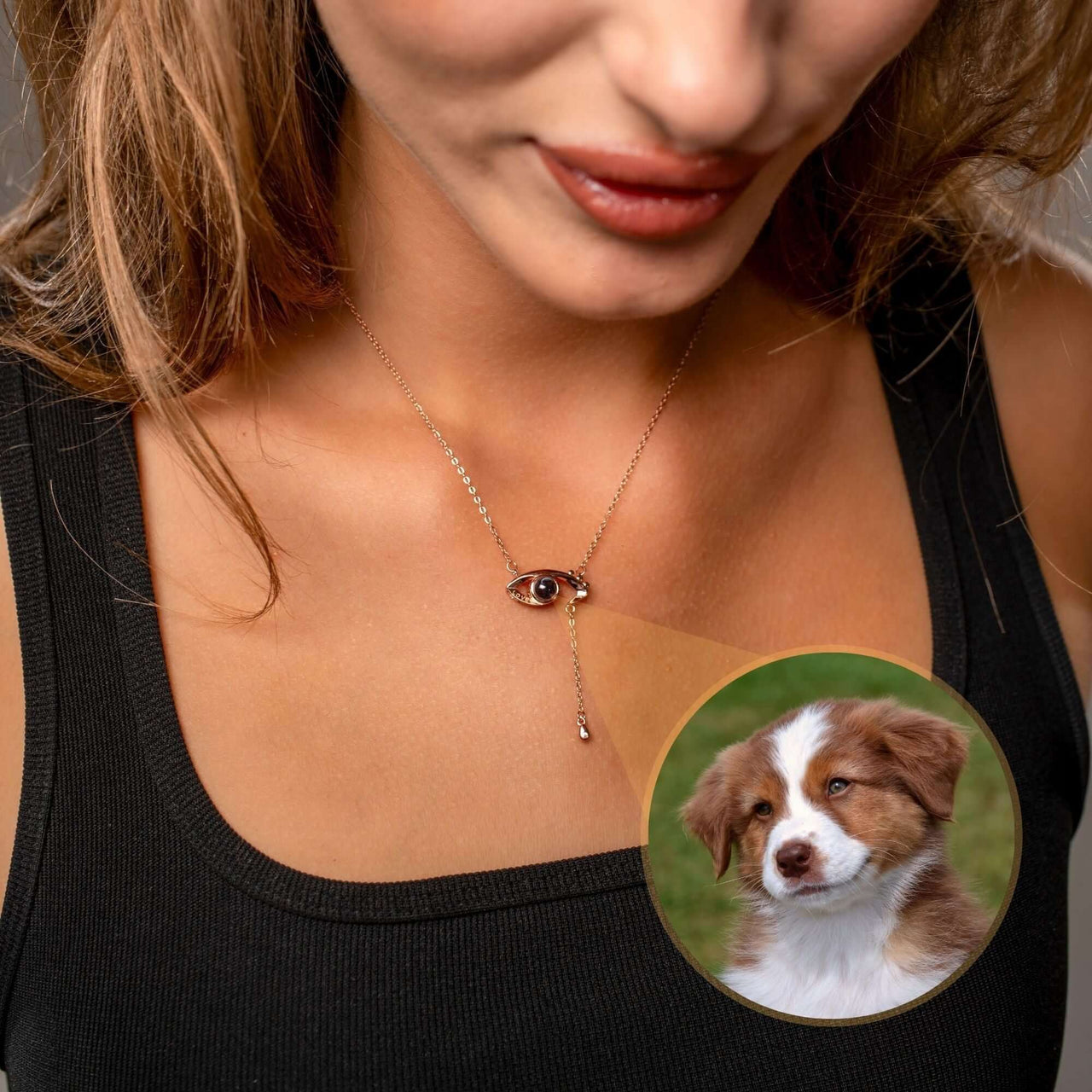 Eye Photo Necklace featuring customizable photo projection and eye-shaped pendant by Brother & Sisters.