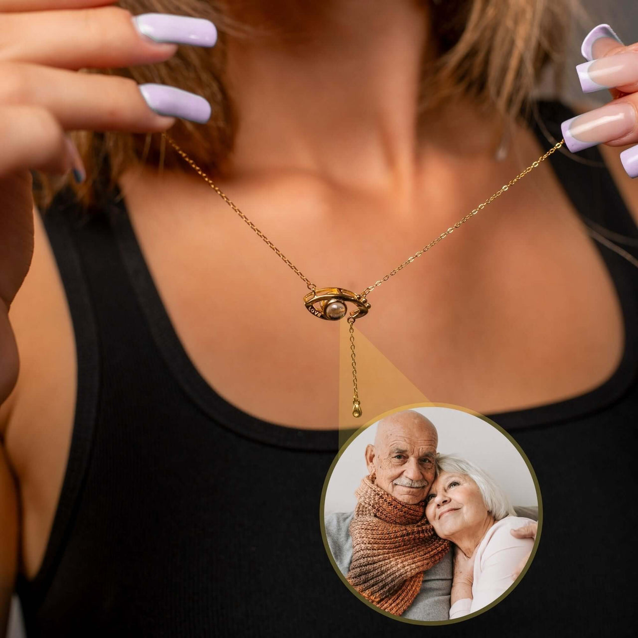 Eye Photo Necklace featuring a customized photo projection in an eye-shaped pendant by Brother & Sisters.