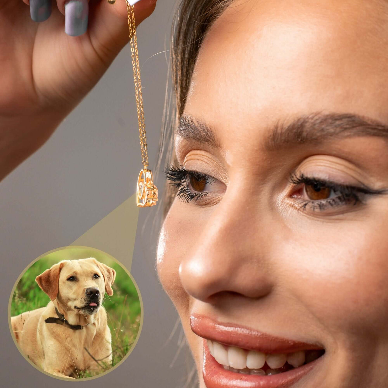 Close-up of a woman wearing a Family Photo Bracelet featuring a Labrador Retriever image, by Brother & Sisters.