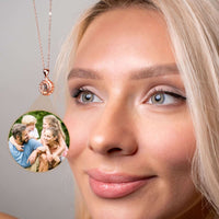 Thumbnail for Flower Photo Necklace featuring a personalized photo pendant by Brother & Sisters, elegantly worn by a model.