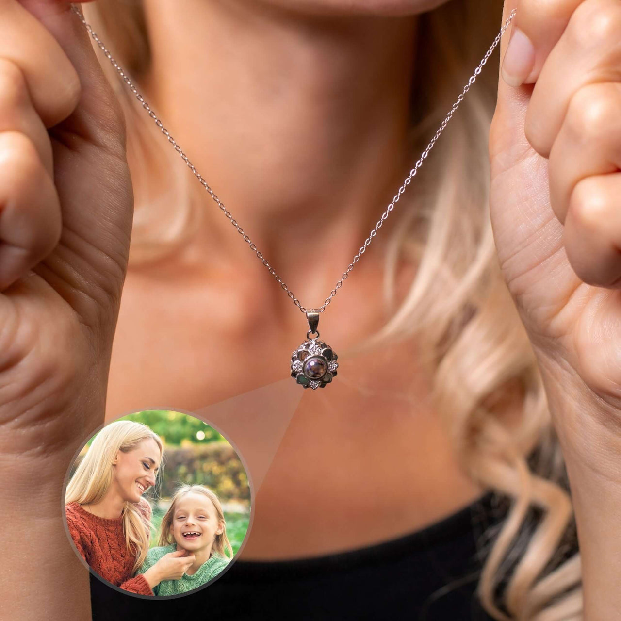 Flower Photo Necklace displayed on a woman, featuring a floral pendant and a photo of cherished memories inside.